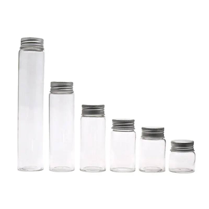 Leere hohe kleine Mini-Glasgefäße mit hohem Boro silikat glas und Aluminium-Schraub deckel