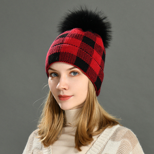 Chapeau d'hiver en cachemire tricoté épais et chaud de haute qualité, avec revers, pour femmes, motif écossais, mode, doux, moelleux, <span class=keywords><strong>pompon</strong></span> en fourrure véritable, bonnet - Product Image 3