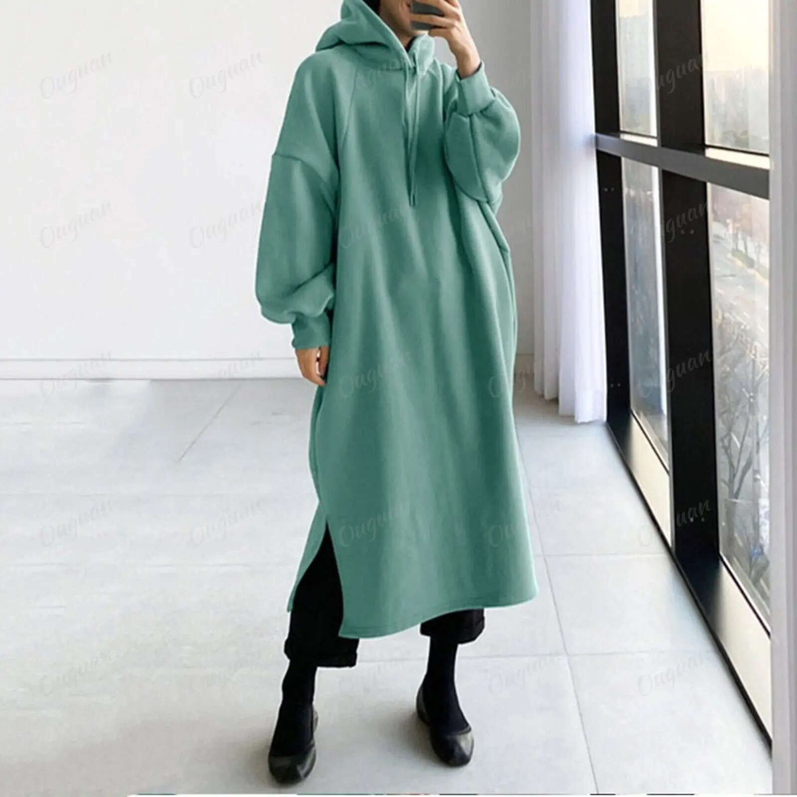卸売カスタム最新服特大カジュアルサイズプラス巾着マキシロングスプリットスウェットシャツ女の子女性パーカードレス