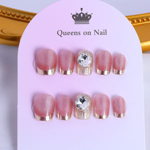 Uñas postizas de lujo con punta francesa, acrílicas, hechas a mano, de cobertura completa, tipo ataúd corto, con pedrería, precio de fábrica al por mayor - Product Image 3