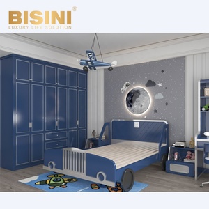 Cama de lujo azul creativa para niños, camisón de madera maciza tallado a mano, juego de dormitorio infantil - Product Image 2