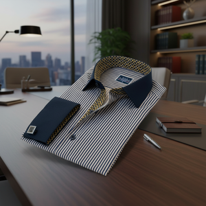 Beige Navy Blue Striped Chest and Collar Detailed French Double <b>Cuff</b> Sleeve Button Boxed Shirt - Product Image 3