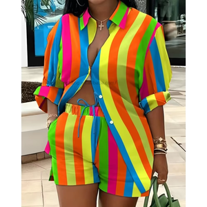 New Most Popular Fashion Printed Temperament Women's Long Sleeve Button Turn-down Collar Knitted <b>Blouse</b> Shorts Casual Set - Product Image 4