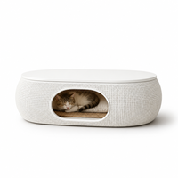 Table basse ottoman scandinave ronde avec plateau en bois naturel et base tressée, design double usage pour salon, convient aux personnes et aux animaux de compagnie