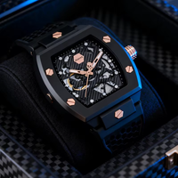Montre mécanique squelette tonneau avec cadran tête de mort, bracelet en silicone or rose, montre-bracelet automatique pour homme, idéale pour le quotidien et les soirées