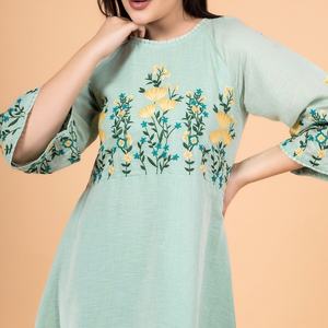 Vestido de Lino y Algodón Bordado Personalizado, Elegante, Cuello Redondo, Casual, Corte en A, Mangas Abullonadas, Midi, Vestido de Verano para Mujer - Product Image 3