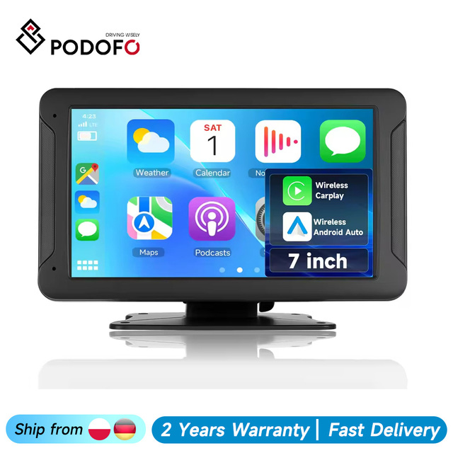 Podofo Portable Wireless Carplay/Android Auto 7 Inch HD Screen Car Monitor AirPlay Android Cast BT Music FM