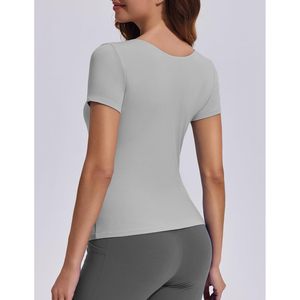 Haut de sport à manches courtes pour femme, gris, col rond, séchage rapide, t-shirt de yoga extensible - Product Image 2