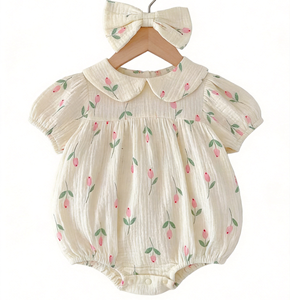 Body de Algodón con Estampado Floral para Bebés Niñas, Cuello Redondo, Manga Corta, Lazo, Estilo Europeo y Americano, Transpirable, Traje de Verano - Product Image 1