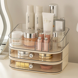 Cosmetic <b>Storage</b> <b>Box</b> Desktop Drawer Style Transparent Makeup Organizer With Drawers For Skincare And Lipstick <b>Beige</b> Base - Product Image 1