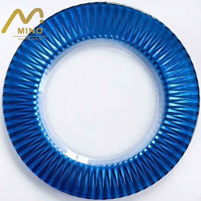 Royal Blue Rim Clear Glass Charger Plates Sunburst Beaded Dinner Service Plate Bulk for Wedding Party Banquet Rental