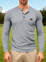 T-shirt décontracté pour homme en gros - Haut à manches longues style américain en maille gaufrée boutonné à manches raglan séchage rapide (Printemps & Automne)