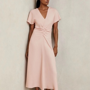 Personnalisable rose clair femmes décontracté Midi Maxi robe douce quotidienne à volants naturel taille tissé bouton décoration solide - Product Image 1