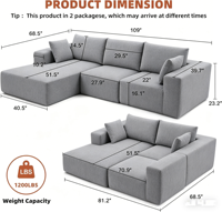 Canapé modulaire en forme de L gris, canapé 3 places avec chaise longue, canapé en tissu amovible avec coussins pour la maison