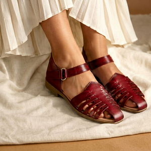 Burgundy Genuine Leather Flat Sandals Open Toe With Back <b>Strap</b> <b>Buckle</b> Closure Elegant Summer Style - Product Image 1