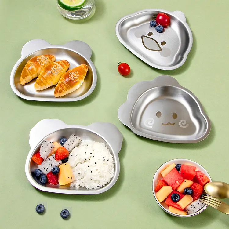 Wholesale Cartoon Cute Shape Baby Food Tray Food Grade 18/8 Stainless Steel Kids Plate Dinner Plates