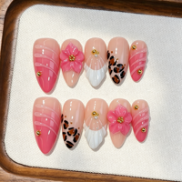 Faux ongles à presser en acrylique faits main, motif fleur rose 3D, imprimé léopard, dégradé rose, perles dorées, forme amande longue, pour salon de beauté, vente en gros