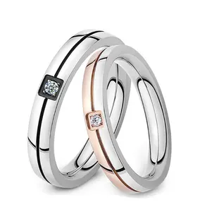Sweet Couple Accessories Glossy Rhinestone Rose Gold Black Titanium Stainless Steel Rings