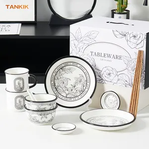 Wholesale Restauruant Hotel Cafe Gift Shop Luxury Camellia Vintage Ceramic Dinnerware Bowl Plate Dish Porcelain Tableware Sets