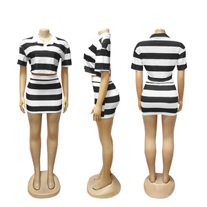 Conjuntos de falda de 2 piezas de verano, Top corto de manga corta a rayas con bloque de Color, minifalda y conjunto de Top a juego, conjuntos de falda de dos piezas para mujer - Product Image 2