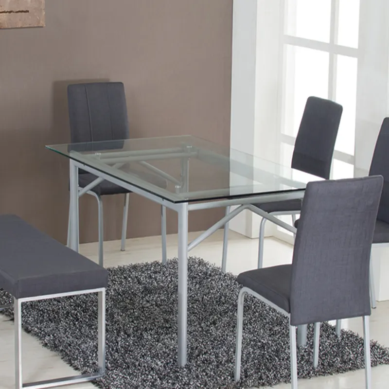Mesa de comedor de cristal barata, marco de metal, promoción, mesa y sillas