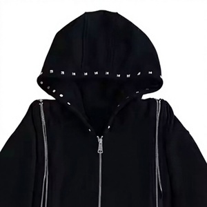 Women's Black <b>Hooded</b> Tracksuit Set Full Zipper Rhinestone Trim Casual Solid Color Autumn Wear - Product Image 4