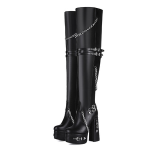 Bottines noires de haute qualité, style Y2K, rivets punk gothiques, semelle épaisse, talon bloc, grande taille 44, pour femmes, au-dessus du genou - Product Image 3