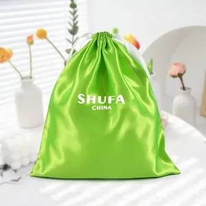 Custom Logo Silk Satin Drawstring Bag Green Fluorescence Satin Pouch With Screen Printing Luxury Dust Bags For Shoes Handbags