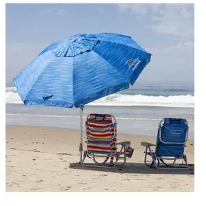 Payung pantai besar portabel luar ruangan, payung tahan angin dengan UPF50 + perlindungan UV, tombol tekan jangkar pasir, Payung pantai besar portabel