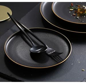 8 Inch 10 Inch Reactive Matte Black Glaze Dish Set Dessert Salad Appetizer <b>Ceramic</b> Dinner <b>Plate</b> with Gold Rim - Product Image 3