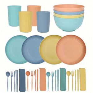 Ensemble de vaisselle de pique-nique en paille de blé écologique réutilisable et coloré pour enfants et adultes - Product Image 4