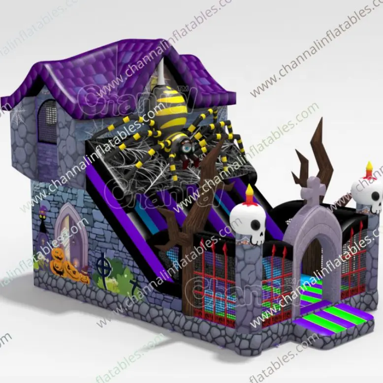creepy house inflatable slide outdoor events equipment skeleton theme combo Halloween bounce house jeux gonflables enfants