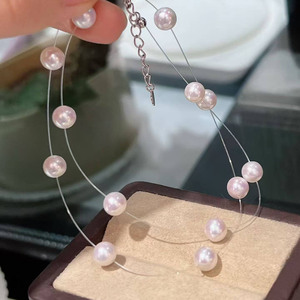 Illusion Floating Pearl Necklace, High Grade 6-7mm Aurora Freshwater Ak Style Pearl, Near Round Flawless Pearl <b>Choker</b> - Product Image 3
