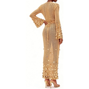 เดรสยาวผ้าถักซีทรูประดับเลื่อมสำหรับผู้หญิง คอวีลึก แขนยาว ชุดเดรสออกงาน แฟชั่น - Product Image 3