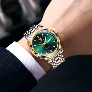 Baround Men's Quartz Watch Green Dial Stainless Steel Band Waterproof Luminous Calendar Business Style Wristwatch - Product Image 2