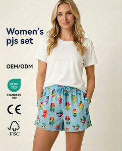 Ensemble de <span class=keywords><strong>pyjama</strong></span> personnalisé en coton et bambou pour femme, short imprimé sur mesure, t-shirt blanc, vêtements de nuit et de détente assortis pour la famille, été, OEKO-TEX GCC - Product Image 1