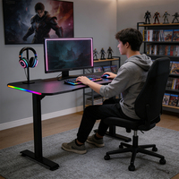 Bureau de jeu électrique réglable en hauteur avec plateau, pieds droits, moteur unique et éclairage LED RGB pour PC