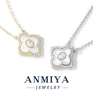 ANMIYA Unisex 925 Sterling <strong>Silver</strong> Four Leaf Clover Pendant <strong>Necklace</strong> Customizable with White <strong>Shell</strong> and Zircon for Engagement - Product Image 3