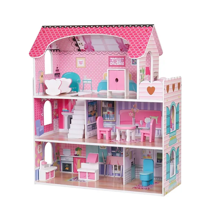 Classic small pink wooden baby doll house for girls W06A380