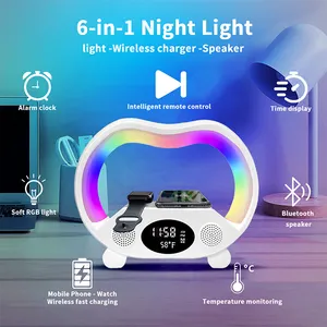 Chargeur sans fil multifonctionnel en forme de G Lampe LED Lampe de chevet Veilleuse numérique RVB Réveil Lampe Chargeur sans fil Haut-parleurs