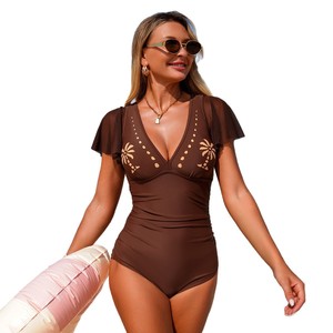 Maillot de bain une pièce pour femme, motif palmier, manches à volants, col en V, froncé, effet ventre plat, pour la plage estivale - Product Image 4
