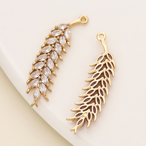 <b>Copper</b> Plated Gold Zircon Marquise Cut Feather Wheat Pendant For <b>Bracelet</b> Making DIY Jewelry Accessories - Product Image 4
