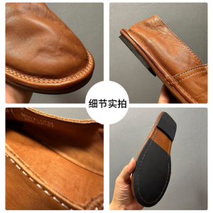 Handmade Horsehide Loafers Men's <b>Slip</b>-<b>On</b> Casual Leather Shoes Low Heel Coffee Brown Solid Color Sewing Thread Design - Product Image 3