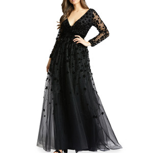 Nouvelle <span class=keywords><strong>robe</strong></span> <span class=keywords><strong>de</strong></span> <span class=keywords><strong>soirée</strong></span> élégante pour femme, noire, à manches longues, en velours, avec application florale, coupe trapèze - Product Image 1