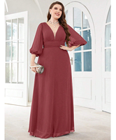 Robe de soirée moulante en mousseline unie à col en V et manches trois quarts, grande taille, avec fermeture éclair au dos, pour demoiselle d'honneur