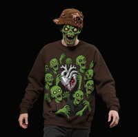 T-shirt à manches longues personnalisé 100% polyester, teint et lavé, motif têtes de mort, coupe ample, polyvalent, tendance, compressé