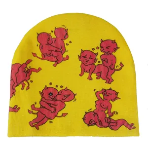 Bonnet tricoté design en gros Y2K Bonnets d'hiver gothiques avec logo jacquard imprimé personnalisé sur tout le chapeau