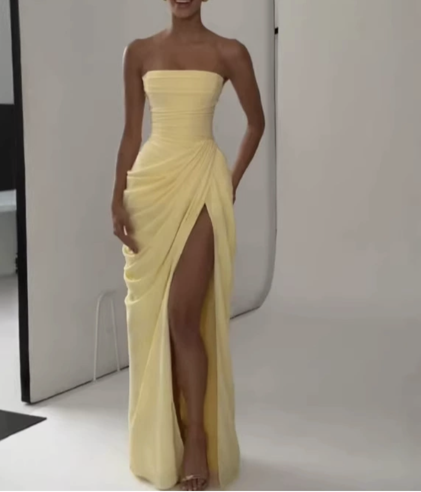 strapless open back dress Bright Lemon Yellow Satin Strapless Ruffles Tea Length Party Dresses, CP0459 US4 / As Pic