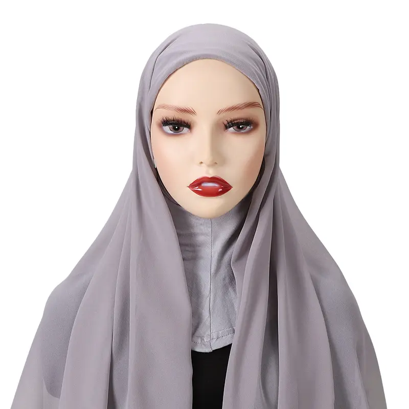 Wholesale Plain Colors Malay Tudung Muslim Arab Islam Plain Chiffon Ethnic Scarves Women Instant Hijab with Cap