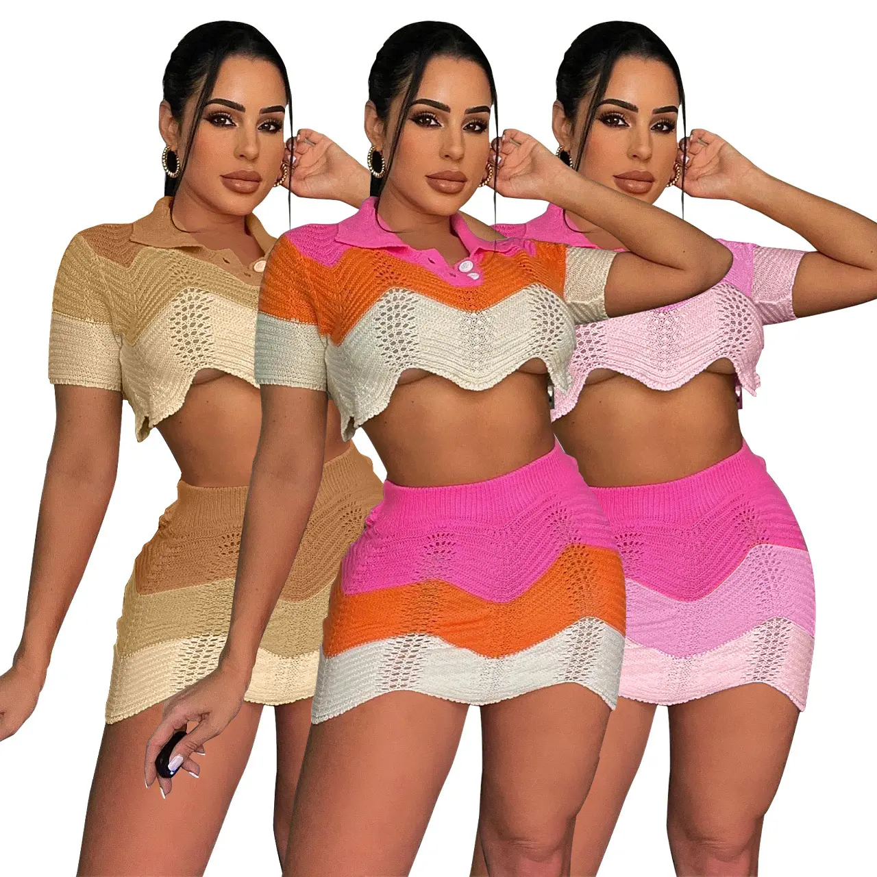 Dropshipping Products Women Clothing 2023 Fashion Contrast Women Knitted Lounge Wear Skirt Set